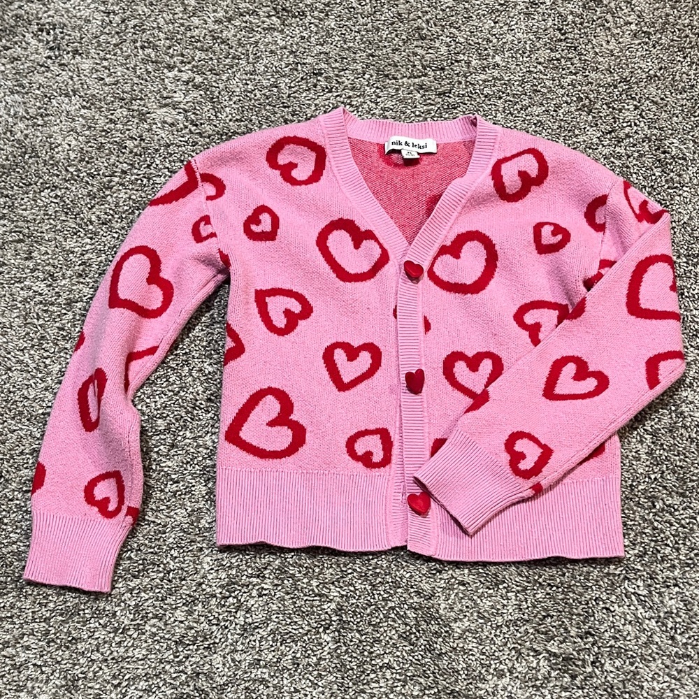 Pink Heart Cardigan Sweater with Red Hearts